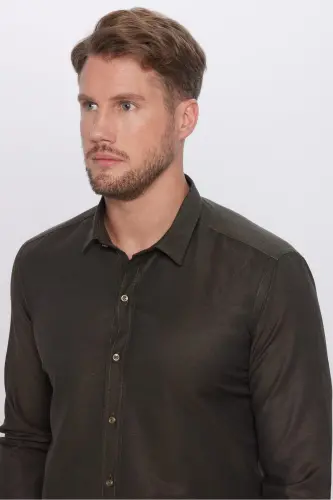 Erkek Modern Fit Dar Kesim Pamuklu Kolay Ütülenebilir Armürlü Haki Gömlek - Haki1 - 3