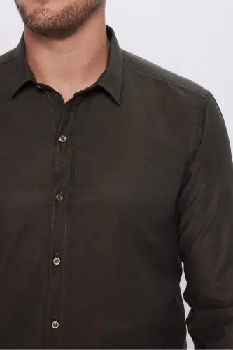 Erkek Modern Fit Dar Kesim Pamuklu Kolay Ütülenebilir Armürlü Haki Gömlek - Haki1 - 4
