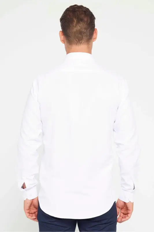Modern Slim Fit Pamuklu Kolay Ütülenebilir Armürlü Erkek Gömlek - Beyaz - 10