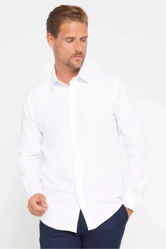 Modern Slim Fit Pamuklu Kolay Ütülenebilir Armürlü Erkek Gömlek - Beyaz - 1
