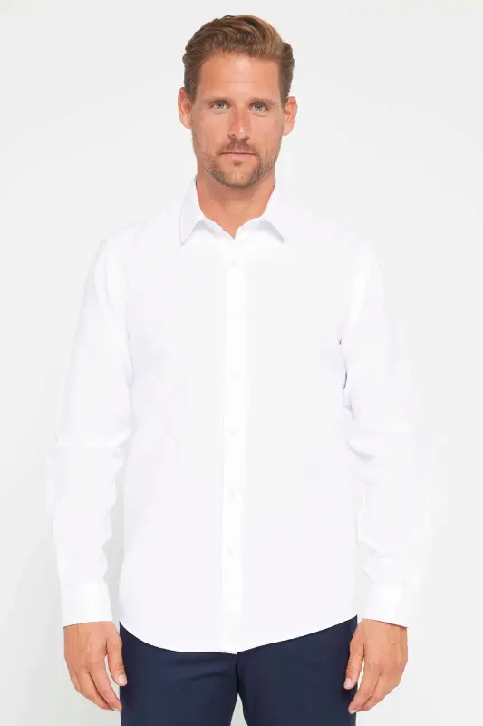 Modern Slim Fit Pamuklu Kolay Ütülenebilir Armürlü Erkek Gömlek - Beyaz - 2