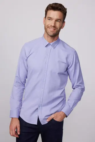 Modern Slim Fit Pamuklu Kolay Ütülenebilir Armürlü Erkek Gömlek - Mavi2 - 6