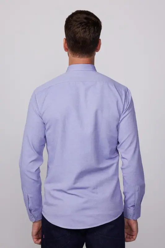 Modern Slim Fit Pamuklu Kolay Ütülenebilir Armürlü Erkek Gömlek - Mavi2 - 5