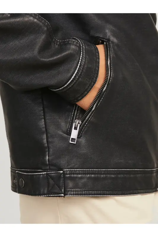 Jjewarner Jacket Noos Siyah Erkek Deri Ceket Eskitme Taşlanmış - Siyah55 - 5