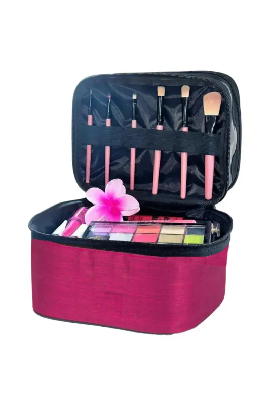 Çift Bölmeli Şeffaf Makyaj Çantası Seyahat Çantası Kozmetik Çantası Organizer - Bordo - 10
