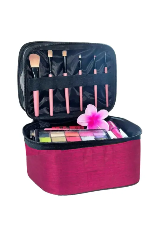 Çift Bölmeli Şeffaf Makyaj Çantası Seyahat Çantası Kozmetik Çantası Organizer - Bordo - 4