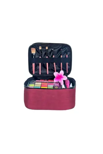 Çift Bölmeli Şeffaf Makyaj Çantası Seyahat Çantası Kozmetik Çantası Organizer - Bordo - 6