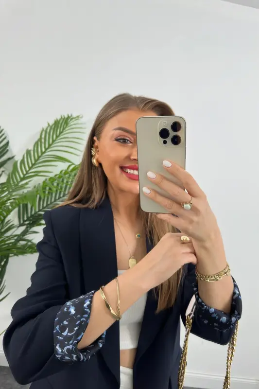 Kadın Leopar Desenli Astarlı Blazer Ceket - Lacivert - 11
