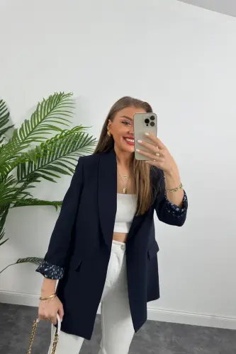 Kadın Leopar Desenli Astarlı Blazer Ceket - Lacivert - 14