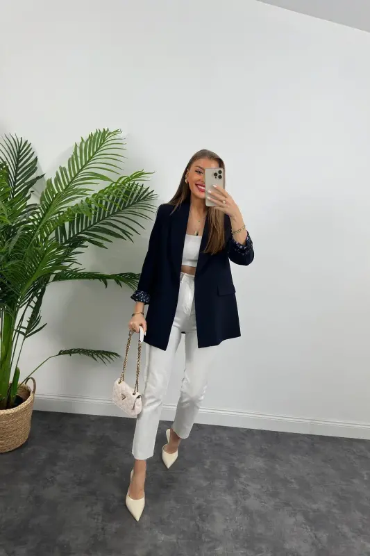 Kadın Leopar Desenli Astarlı Blazer Ceket - Lacivert - 5