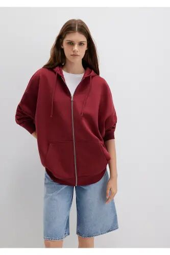 Kapüşonlu Fermuarlı Bordo Sweatshirt 1610221-85493 - Bordo-85493 - 6