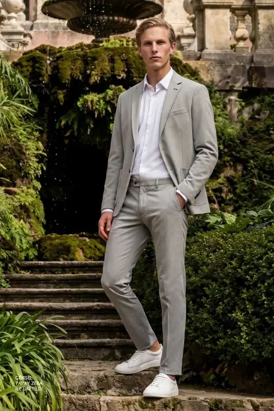 Erkek Gri Slim Fit Dar Kesim Mono Yaka Casual Ceket - Gri - AC&CO / ALTINYILDIZ CLASSICS
