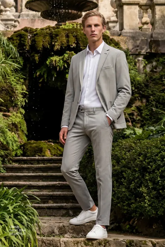 Erkek Gri Slim Fit Dar Kesim Mono Yaka Casual Ceket - Gri - 1
