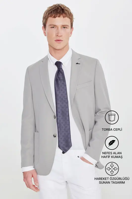 Erkek Gri Slim Fit Dar Kesim Mono Yaka Casual Ceket - Gri - 2