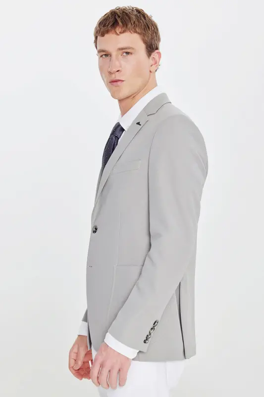 Erkek Gri Slim Fit Dar Kesim Mono Yaka Casual Ceket - Gri - 4