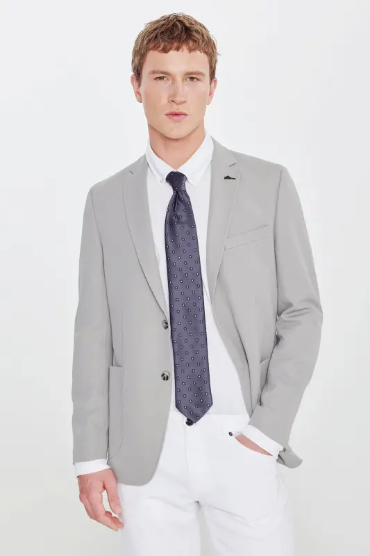 Erkek Gri Slim Fit Dar Kesim Mono Yaka Casual Ceket - Gri - 7