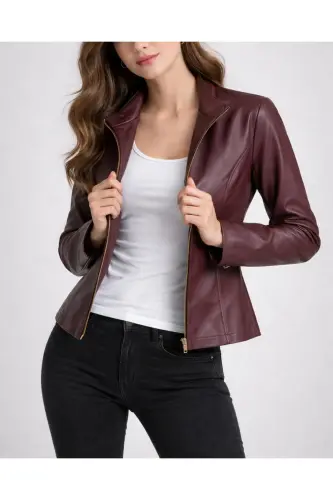 REGULAR FİT KISA BORDO DERİ CEKET - Bordo989 - 3