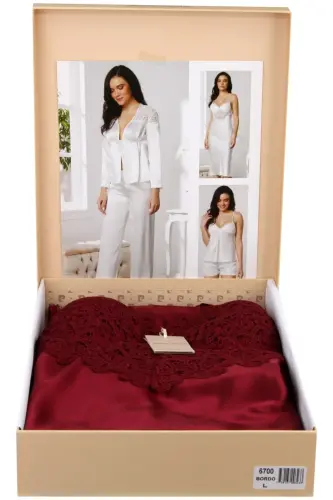 Saten Gecelik Sabahlık Pijama Takım Şort Takım 6'lı Gelin Çeyiz Seti 6700 - Bordo - 1