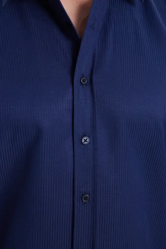 Modern Slim Fit Uzun Kollu Pamuklu Kolay Ütülenebilir Armürlü Lacivert Erkek Gömlek - Lacivert1 - 10