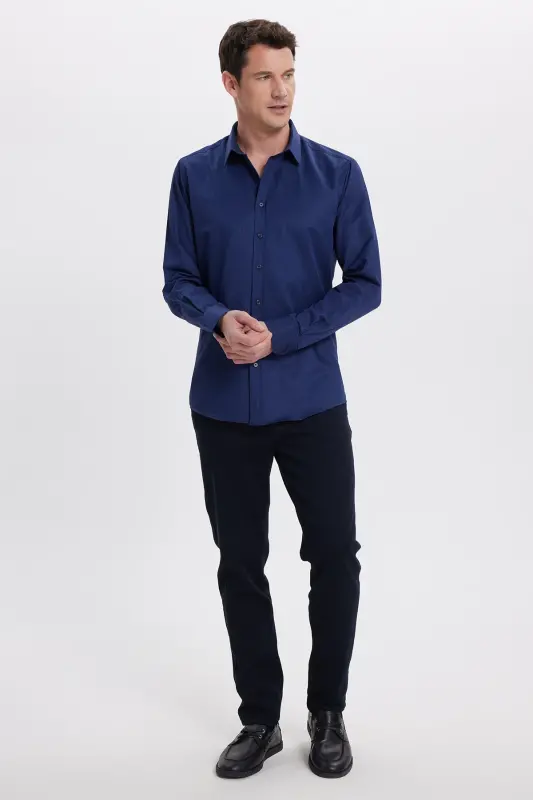 Modern Slim Fit Uzun Kollu Pamuklu Kolay Ütülenebilir Armürlü Lacivert Erkek Gömlek - Lacivert1 - 11