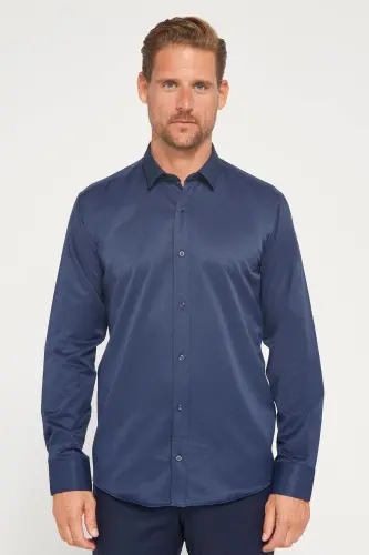 Modern Slim Fit Pamuklu Kolay Ütülenebilir Armürlü Erkek Gömlek - Lacivert - TUDORS (1)