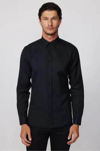 Modern Slim Fit Pamuklu Kolay Ütülenebilir Armürlü Erkek Gömlek - Siyah - 7