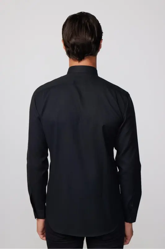 Modern Slim Fit Pamuklu Kolay Ütülenebilir Armürlü Erkek Gömlek - Siyah - 10