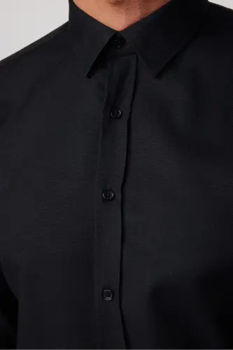 Modern Slim Fit Pamuklu Kolay Ütülenebilir Armürlü Erkek Gömlek - Siyah - 4