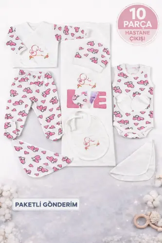10 Parça LOVE %100 Pamuk Yenidoğan Hastane Çıkış Kız Bebek Seti Fuji - fuji - 3