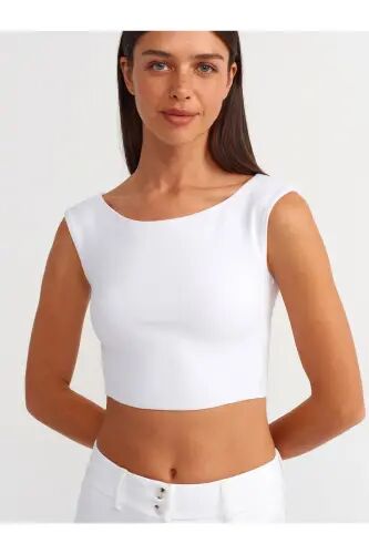 20869 Kayık Yaka Crop Top-Beyaz - Beyaz - 1