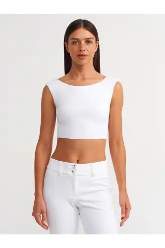 20869 Kayık Yaka Crop Top-Beyaz - Beyaz - 4