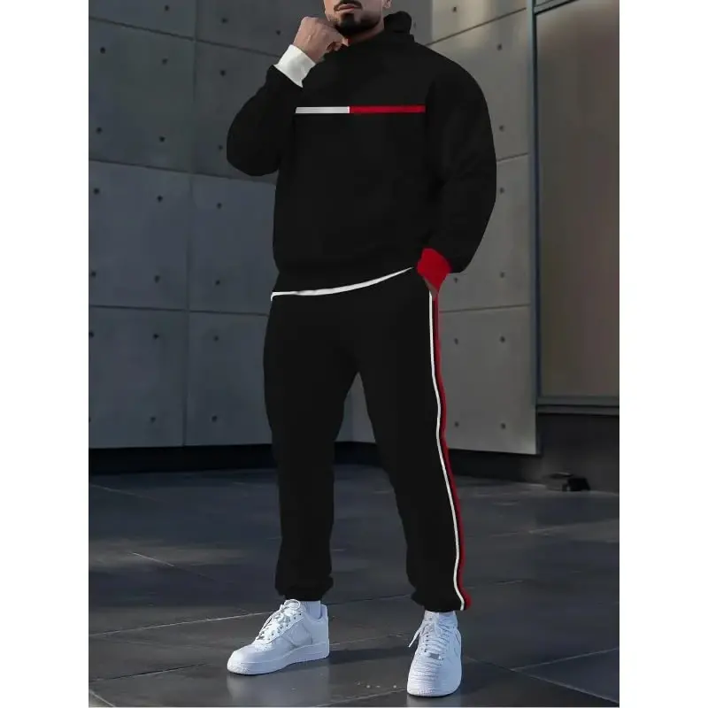 TOVPAO Men's printed spliced long sleeved hooded sweatshirt and pants two-piece casual street fashion jogging set - 2