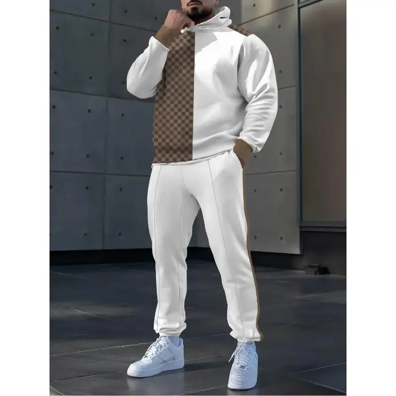TOVPAO Men's printed spliced long sleeved hooded sweatshirt and pants two-piece casual street fashion jogging set - 3