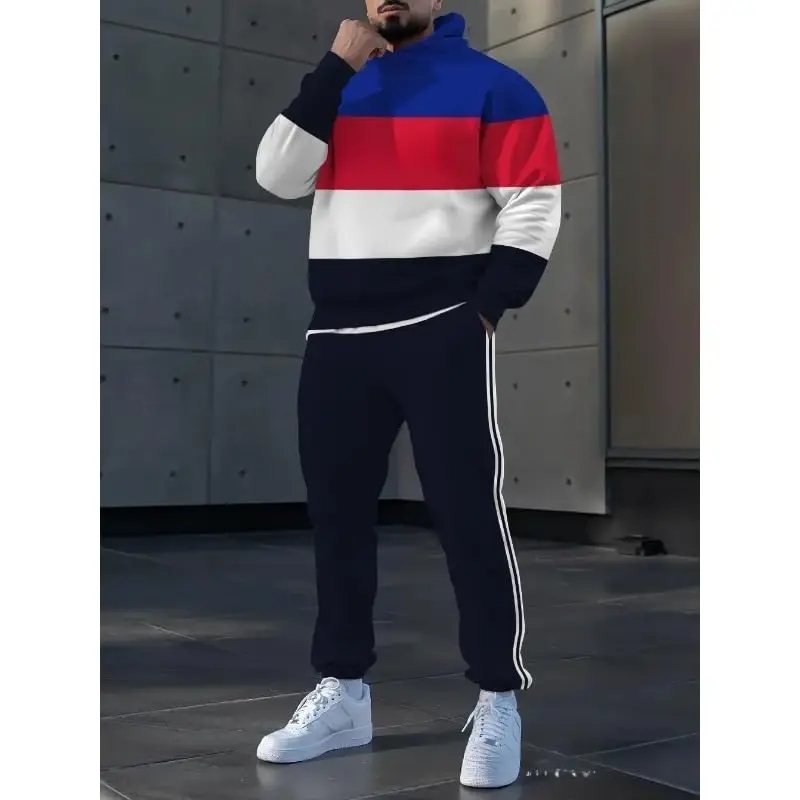 TOVPAO Men's printed spliced long sleeved hooded sweatshirt and pants two-piece casual street fashion jogging set - 4