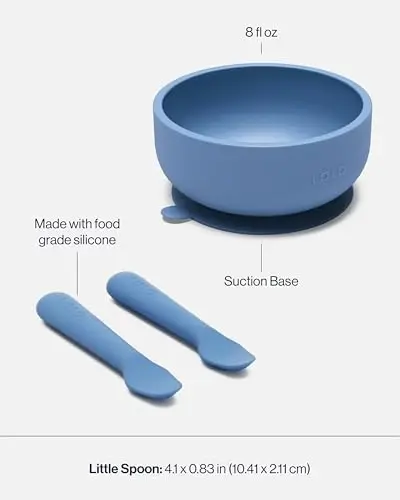 Lalo First Bites Starting Solids Silicone Baby Feeding Set with Suction Bowl, 2 Spoons and 1 Bib - 4-Piece Baby-Led Weaning Supplies - Non-Toxic Silicone Infant Tableware - Blueberry - 4