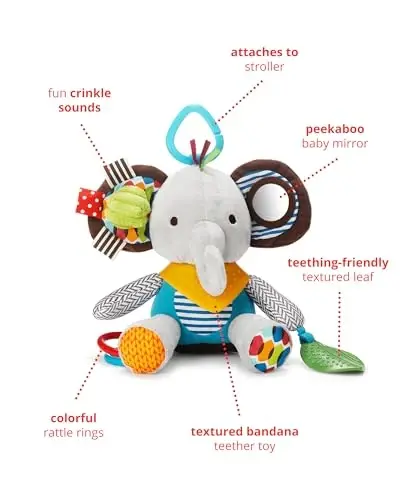 Skip Hop Bandana Buddies Baby Activity and Teething Toy with Multi-Sensory Rattle and Textures,Elephant,(Pack of 12) - 2