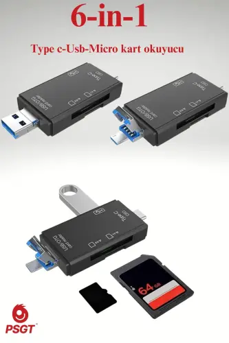 6 in 1 OTG USB kart okuyucu USB0,3 type-c/TF/SD hafıza kartı Laptop aksesuarları adaptörü - kart okuyucu Siyah - 1