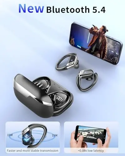 Wireless Earbuds, 2026 Bluetooth 5.4 Headphones Sport, Bluetooth Earbuds with ENC Noise Canceling Mic, 65H Stereo Wireless Headphones IP7 Waterproof with Earhooks, Dual LED Display for Workout/Running - 2