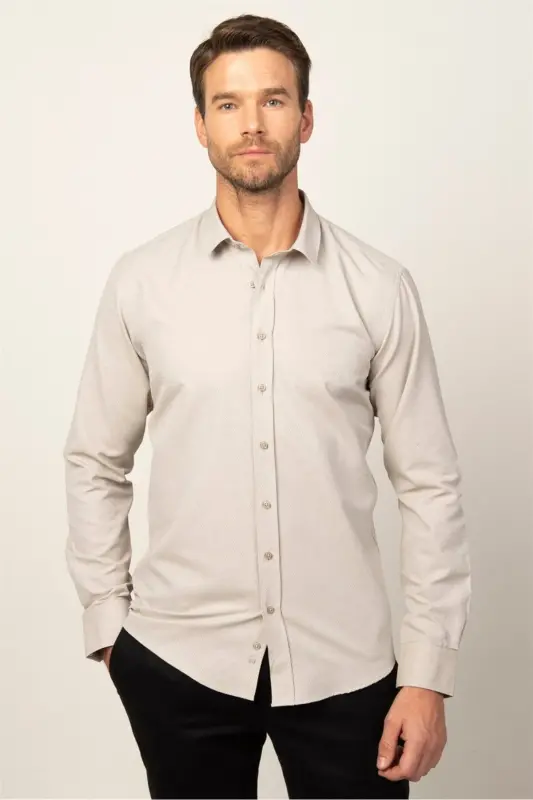 Modern Slim Fit Pamuklu Kolay Ütülenebilir Armürlü Erkek Gömlek - Bej - 2