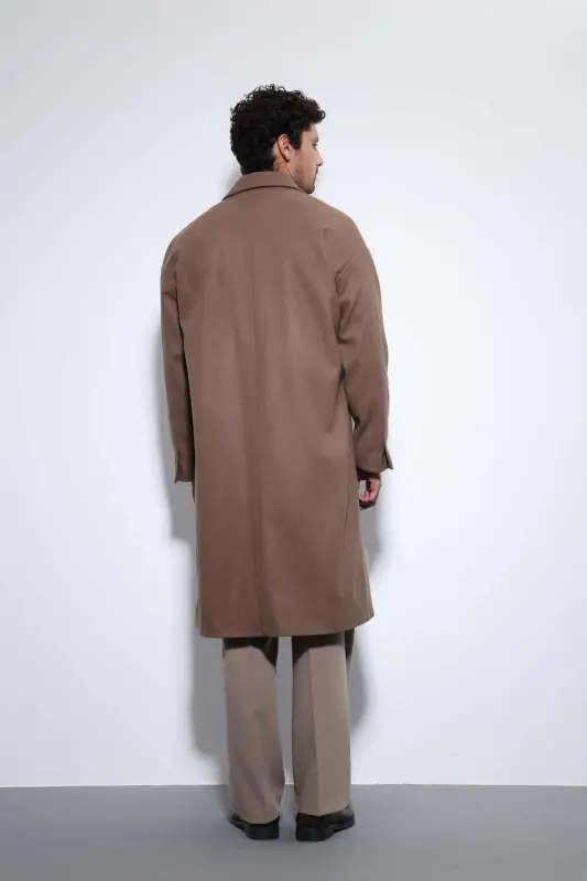 Açık Kahve Kuşaklı Oversize Erkek Kaban - Açık Kahve - 5