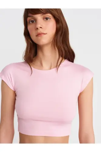 30528 Pamuk ve Modal Karışımlı Crop Top-Toz Pembe - Toz Pembe - 3