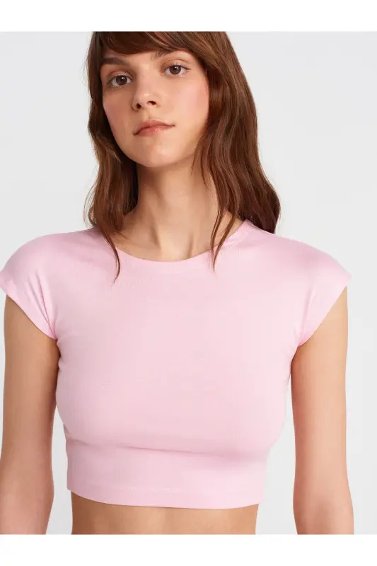 30528 Pamuk ve Modal Karışımlı Crop Top-Toz Pembe - Toz Pembe - 3