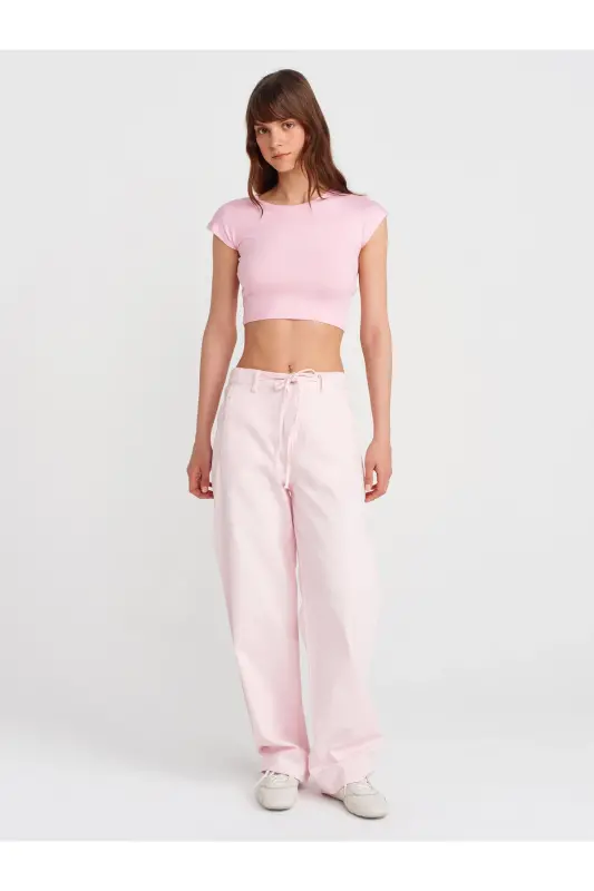 30528 Pamuk ve Modal Karışımlı Crop Top-Toz Pembe - Toz Pembe - 4