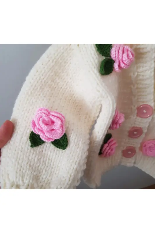 Gül Detaylı El Örgüsü Çocuk Hırka, Çiçek Detaylı Bebek Hırka - PEMBE - 2