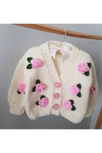 Gül Detaylı El Örgüsü Çocuk Hırka, Çiçek Detaylı Bebek Hırka - PEMBE - 4