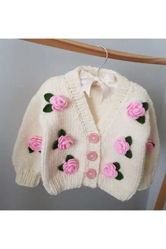 Gül Detaylı El Örgüsü Çocuk Hırka, Çiçek Detaylı Bebek Hırka - PEMBE - 4