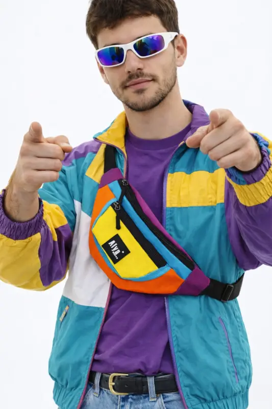 Trend Unisex Retro Renkli iki Bölmeli Bel Ve Omuz Çantası Su Geçirmez Spor ve Günlük - Çok Renkli - 1