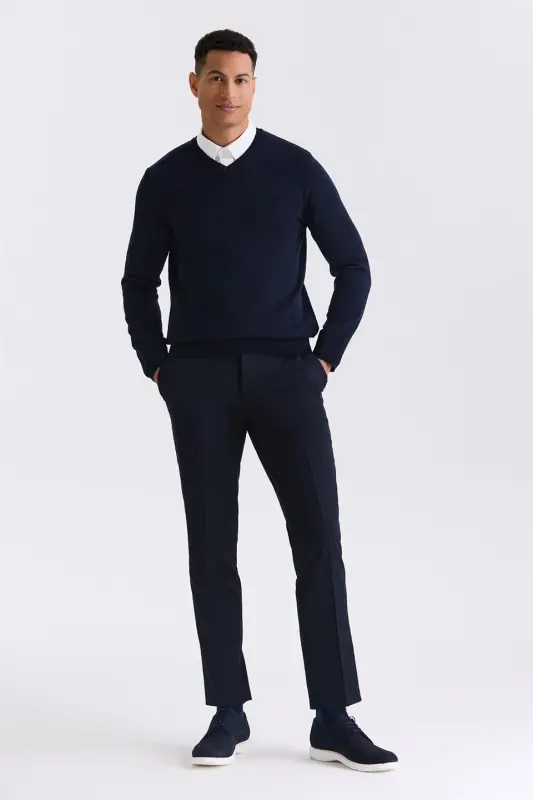 Lacivert Slim Fit V Yaka Triko Kazak - 2
