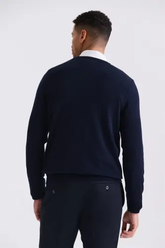 Lacivert Slim Fit V Yaka Triko Kazak - 4