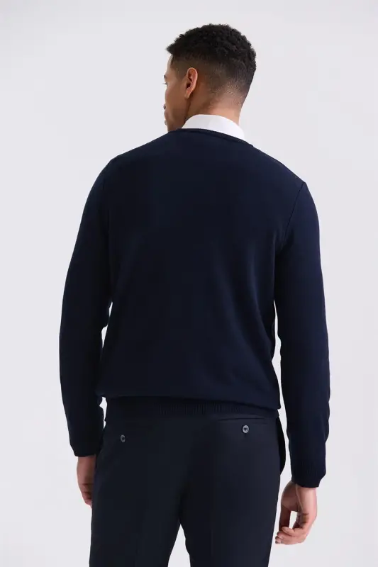 Lacivert Slim Fit V Yaka Triko Kazak - 4